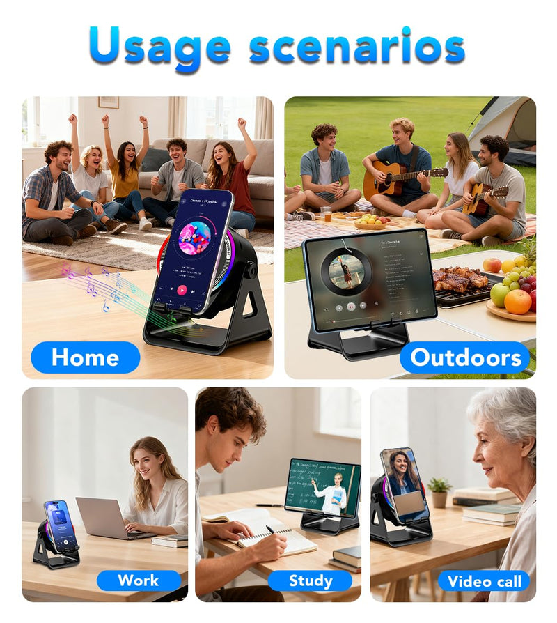 Bluetooth Speaker, 4-in-1 Wireless Induction Speaker & RGB Light Stand Multi-Functional Phone Stand Instant-Connect Stereo Sound, 360° Adjustable Holder for iPhone/Android/iPad/Samsung