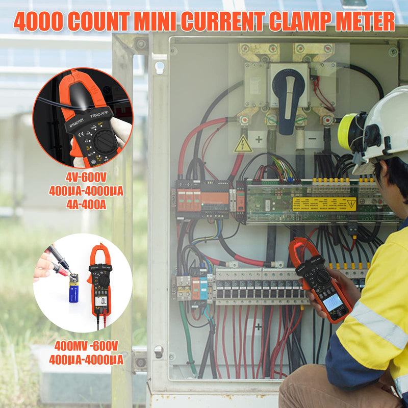 BTMETER Digital Clamp Meter Multimeter, Auto Range 4000 TRMS AC DC Voltmeter Ammeter Test Volt Amp Ohm Capacitance Frequency w/Data Export, Mini Multi Tester BT-7200CAPP 400A AC/4000uA DC Current + Bluetooth