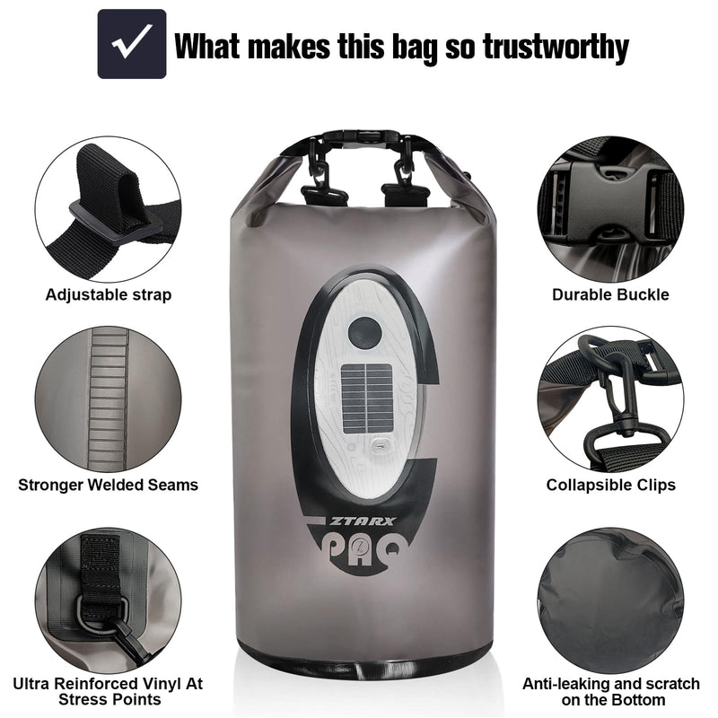 Qoolife Dry Bag Waterproof with Solar Bluetooth Speaker & Light - 10L/20L Roll Top Dry Sack Keeps Gear Dry for Men Women Kayaking, Beach, Rafting, Boating, Hiking, Camping and Fishing Grey with BT Speaker 20L