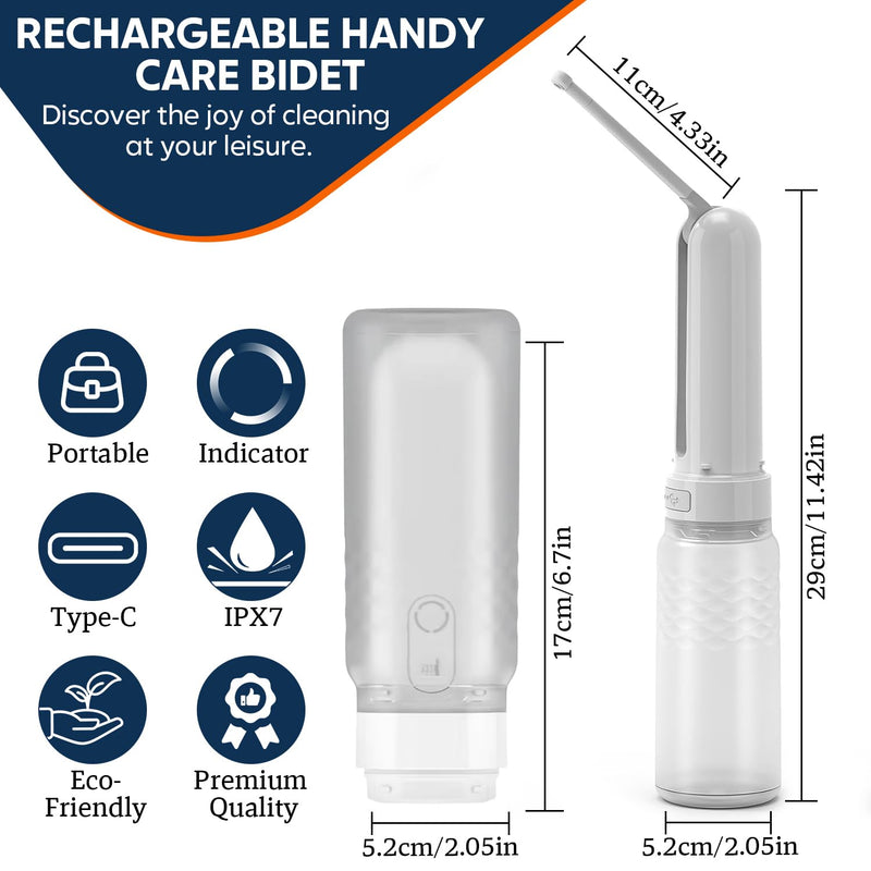 ( 320ml ) PureStream Portable Bidet – Large Capacity, USB-C Rechargeable Handheld Sprayer for Travel, Bottle Adapter, 180° Foldable Nozzle, Adjustable Pressure Modes, Waterproof, for Men and Women White