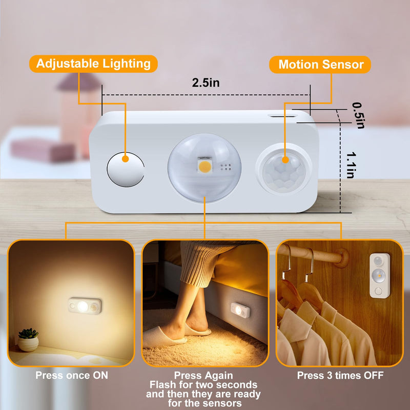 LED Motion Sensor Puck Lights, Rechargeable Cabinet Lights, Stick on Wireless LED Night Light for Closet, Drawer, Shelf, Under Cabinet, Warm White 8Pack, USB Charging Cord Included 8 Pack