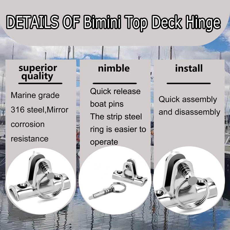 Boat Bimini Top Deck Hinge Concave Base 316 Stainless Steel Deck Hinge 90°Fitting Bimini Top Hardware,Bimini Top Hinge Bimini Brackets for Boats with Quick Release Pin Pack of 2