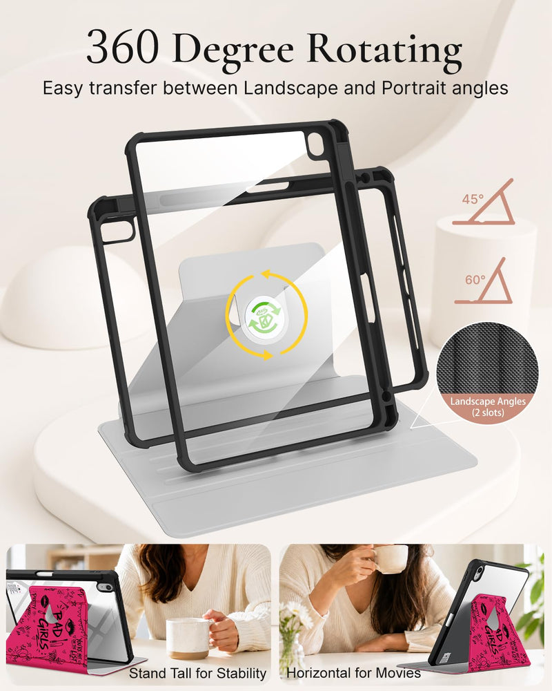 360 Rotating Stand Folio Smart Case for iPad with Pencil Holder | for iPad 11th Gen A16 11 inch 2025/10th Gen 10.9 inch 2022, Auto Sleep/Wake, Women Girls, Notebook Design for iPad 11inch (A16)/ iPad 10.9 inch