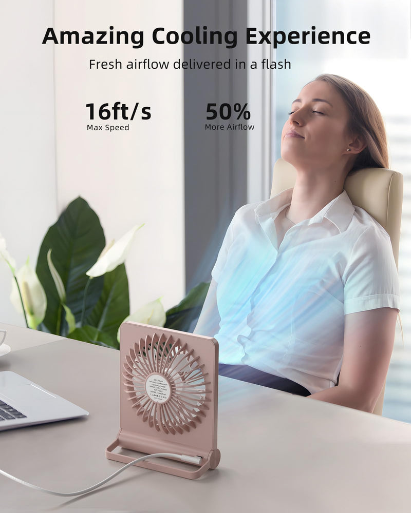Koonie USB Fan, Strong Wind Ultra Quiet Small Desk Fan 220° Tilt Folding 3 Speeds Adjustable USB-C Powered Personal Fan for Home Office Desktop, Pink