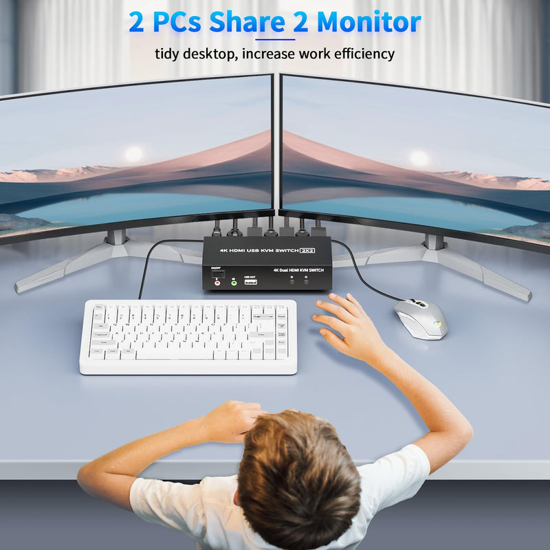 BolAAzuL 2-Port HDMI USB KVM Switch 4K@60Hz, Dual-Port USB 2.0 HDMI 2.0 KVM Switcher 2X2, Keyboard Mouse Peripherals Switcher KVM HDMI USB 2 in 2 Out for 2 PCs 2 Monitors