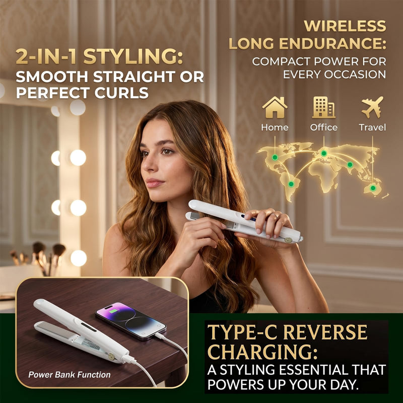 Mini Hair Straightener Rechargeable,2in1 Cordless Hair Straighteners and Curler,Mini Hair Straightener Wireless,Rechargeable Ceramic Mini Portable Curling Iron with 2600mah (White) White