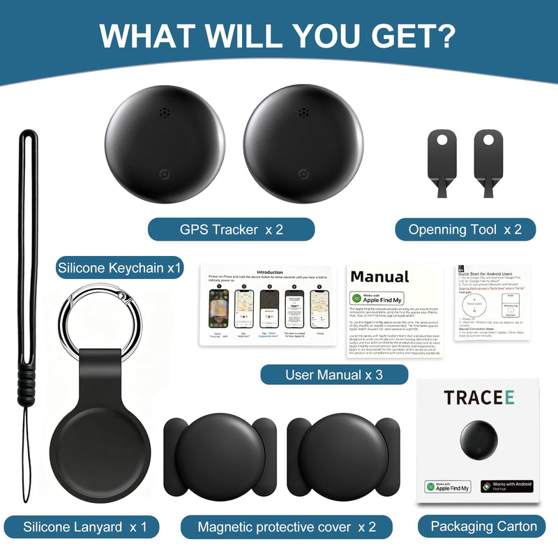 Tracee GPS Tracker 2.0, 2 Pack Magnetic Hidden Locator, Advanced Bluetooth Anti-Lost Tracker with Protective Case and Lanyard, Universal Compatibility with iOS & Android Systems, Black
