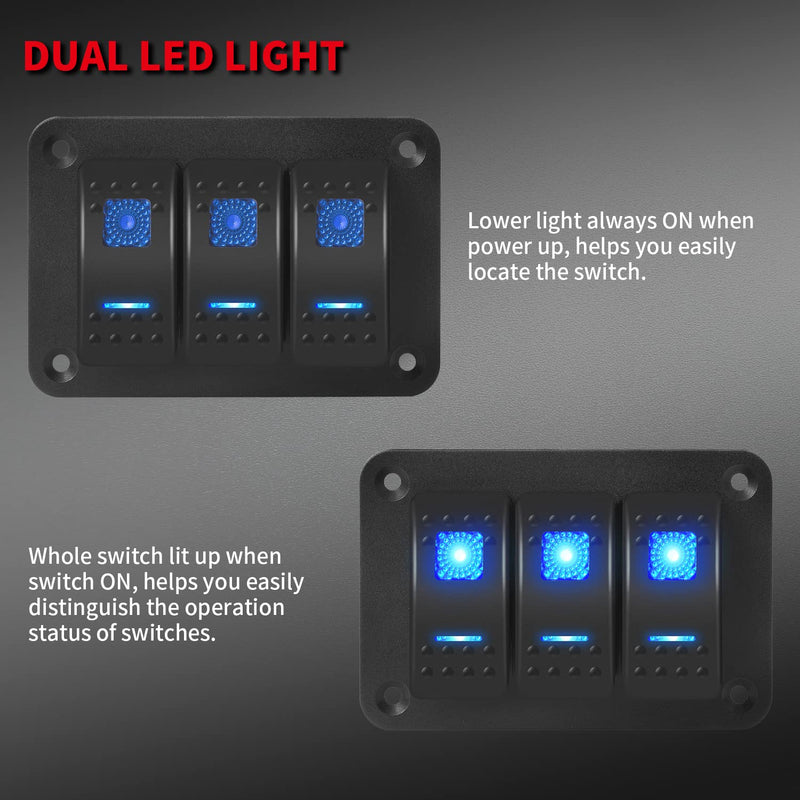 DaierTek Marine Switch Panel Waterproof 12V 3 Gang Rocker Switch Panel Blue LED Light Toggle Switch Aluminum Panel Pre-Wired for Car Truck Boat RV UTV ATV RZR