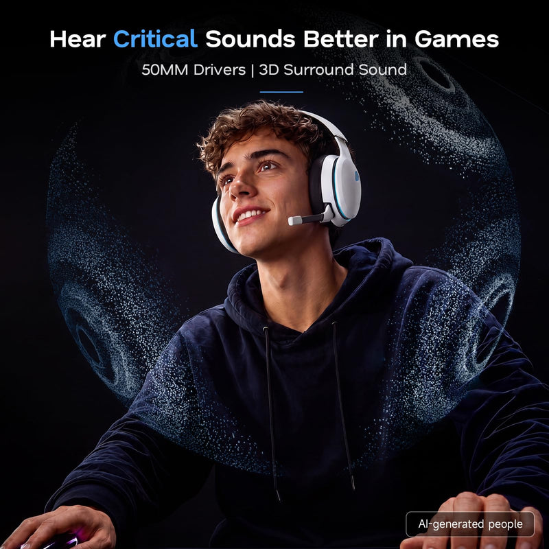 AOC 2.4GHz Wireless Gaming Headset for PS5, PS4, PC, Switch, 45Hr, White | Bluetooth 6.0 Gaming Headphones with Noise Canceling Mic, 7.1 Virtual Surround, Great for Fortnite & Call of Duty/FPS Gamers