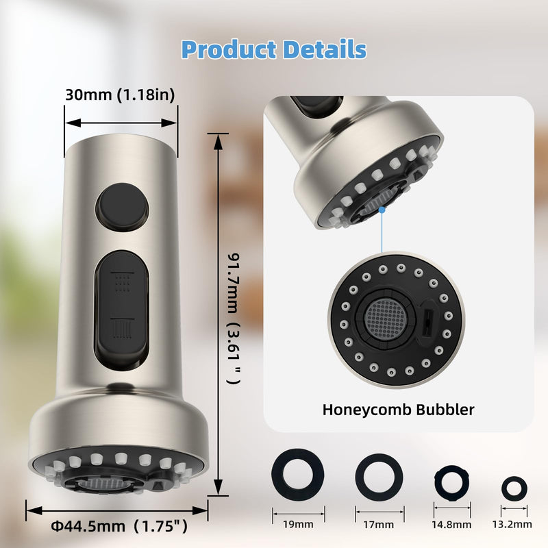 Hibbent Stainless Steels Pull Down Faucet Head Replacement, NSF/ANSI/CAN 61 & CUPC Certified 3 Function Kitchen Sink Sprayer Head, 15 Adapters, Compatible with Moen, Kohler Faucets, Brushed Nickel Stainless Steel with 15 Adapters