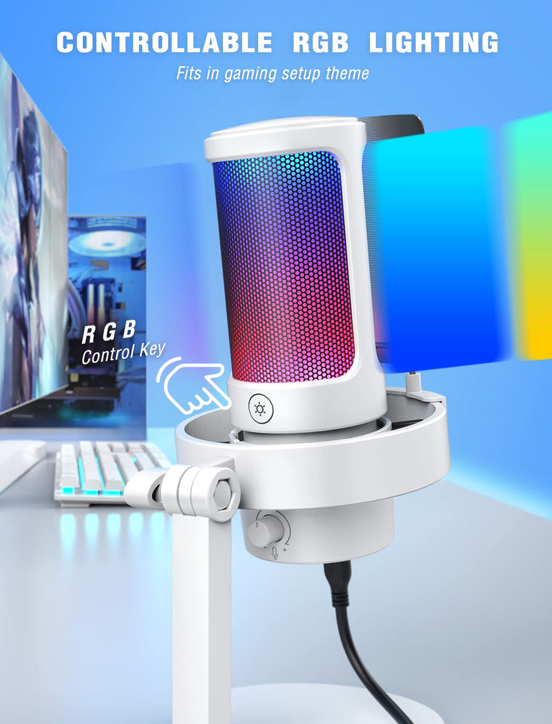 FIFINE Gaming USB PC Computer RGB Microphone for Live Streaming, Meeting, Podcasting, Video, Condenser Mic with Monitoring Headphone Jack, Light Control, for MAC OS/Windows-AmpliGame A8 White