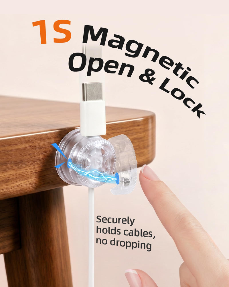 AGPTEK 8 Pack Magnetic Cable Clips, 360° Rotatable Cord Holder, Clear | Adhesive Desk Cord Organizer for Nightstand, Home Office Wire Management Wire Keeper for Phone Charger USB Charging Cables