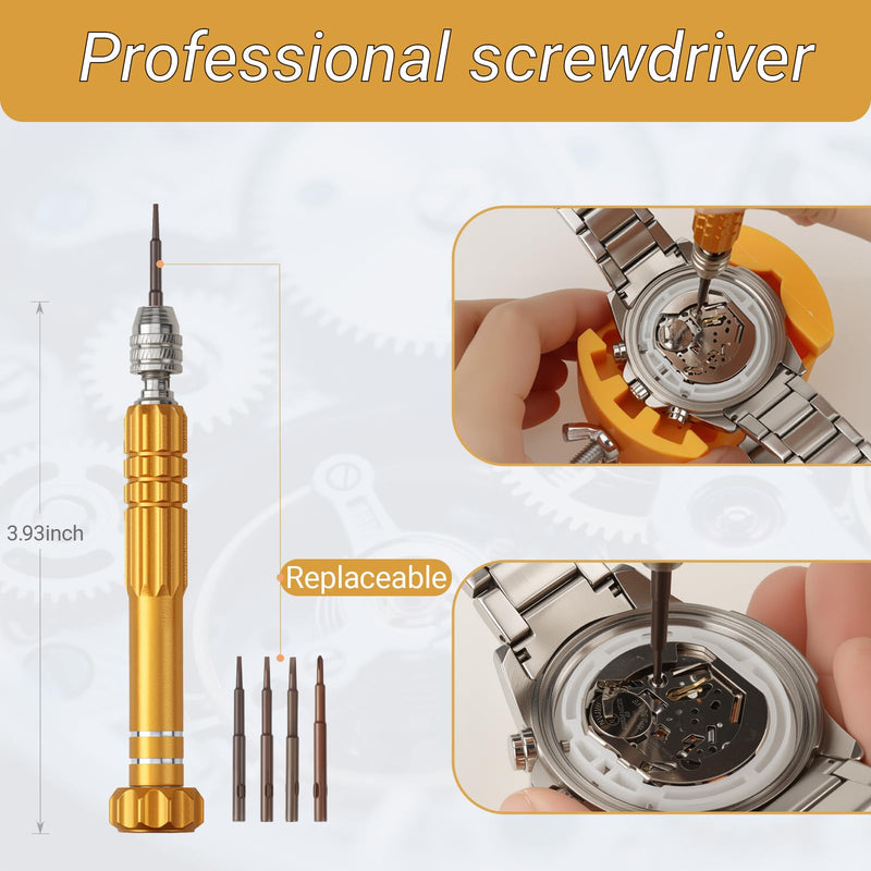 Watch Repair Tool Kit, Suitable for Battery Replacement & Watch Link Removal and Adjustment, Including Multi-Size Screwdriver Set, Tool Hammer, Watch Back Cover Disassembly Tool, and Portable Carrying Case, with User Manual.
