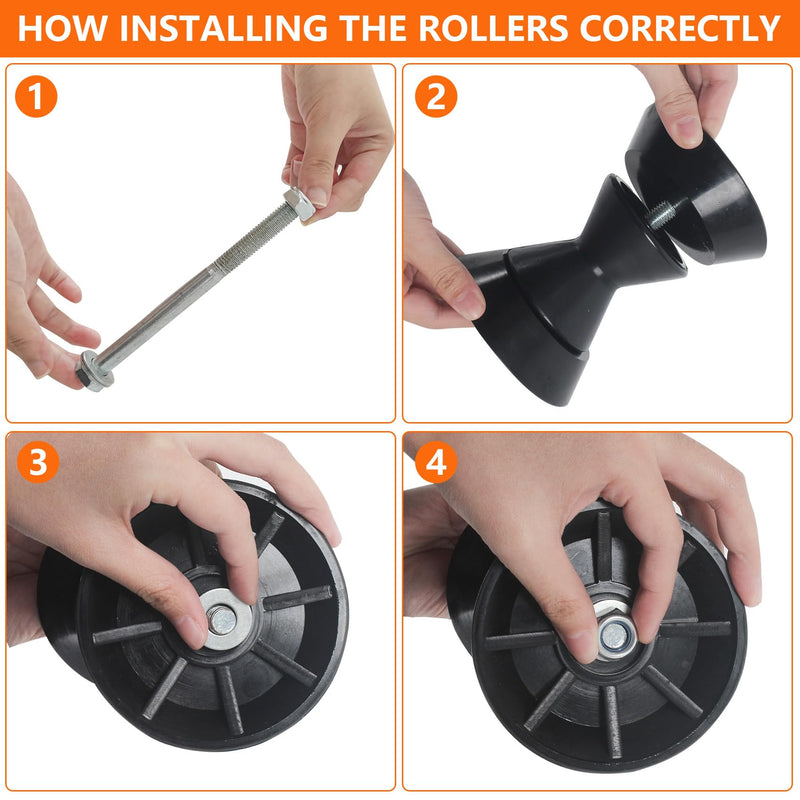 Boat Trailer Roller, 3-Piece PVC Boat Roller-Bow Roller with 1/2" Shaft and End Bells, Boat Rollers for Trailer,Marine Trailer Rollers for Stopping Boat Trailer (3inch,4inch,Blue,Orange,Yellow,Black) 4 inch Black