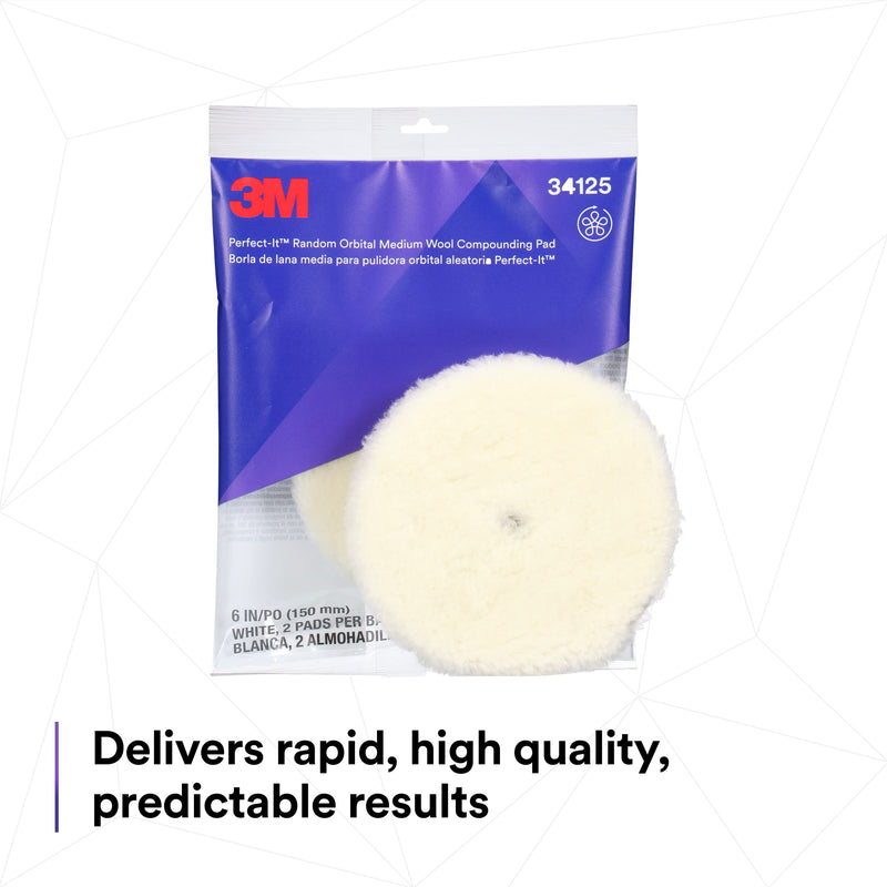 3M Perfect-It Random Orbital Medium Wool Compounding Pad, 6"/150 mm, White, 34125, Orbital Pads for Automotive Compounding and Polishing 6" 150mm