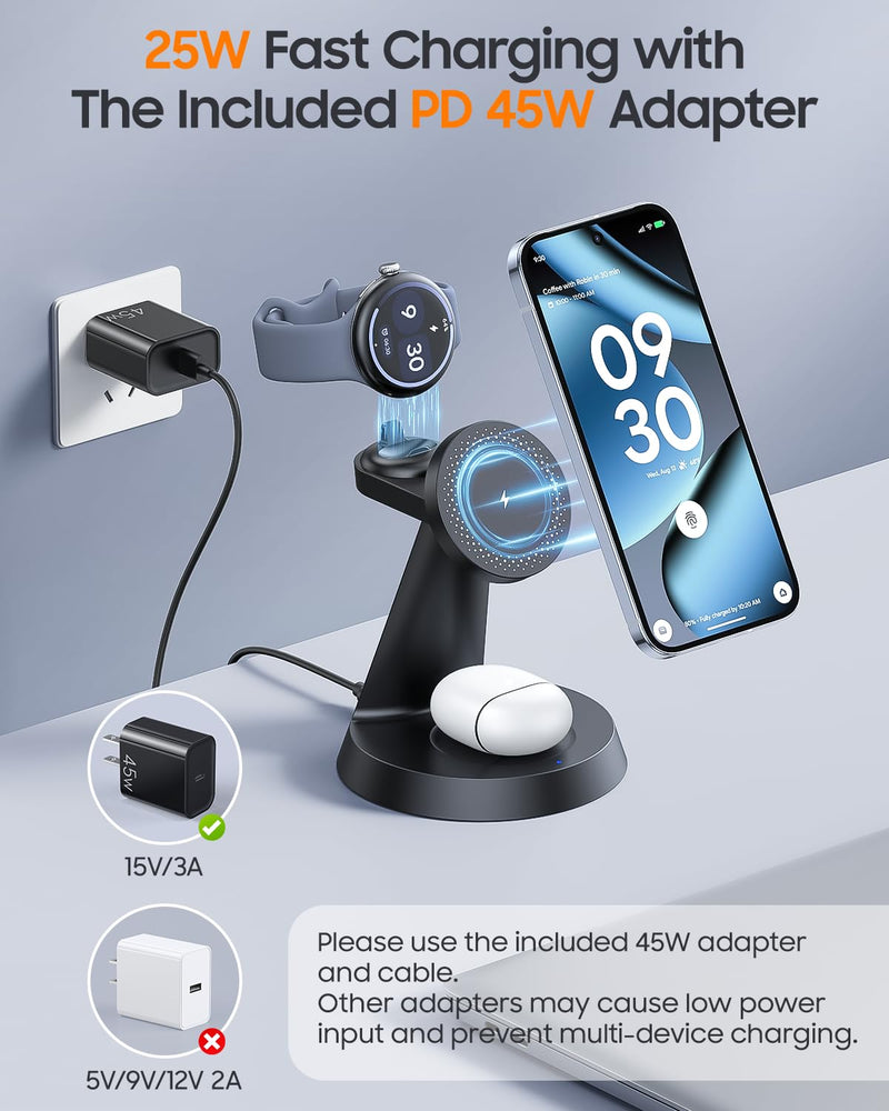 Meifigno 25W Fast 3-in-1 Wireless Charging Station for Google Pixel Watch 4 | Not for Google Watch 1/2/3, 25W Magnetic Charging for Pixel 10 Pro XL & Buds, Mag-Safe Charger Stand with 45W Adapter Only for Pixel Watch 4