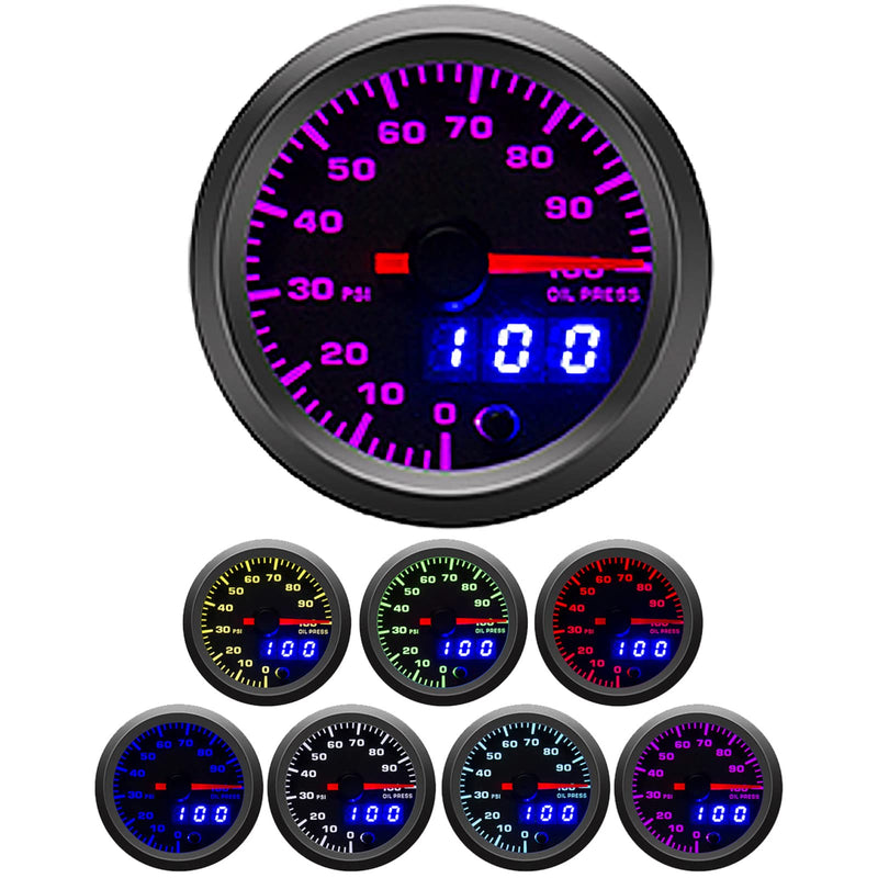 2-1/16" 52mm Oil Pressure Gauge Kit 7 Color 0 to 100 PSI Pointer & LED Digital Readouts Black Dial - Clear Lens Fit for 12V Cars Trucks