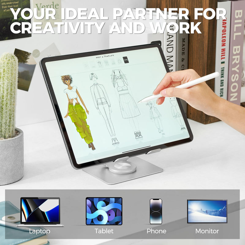 Adjustable & Foldable Tablet Stand for iPad Pro, Portable Monitor Holder With 360 Rotating Base, Fit for Computer Office Desk Accessories (Black) Black