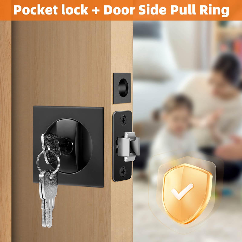 Pocket Door Lock, Pocket Door Lock with Key, Pocket Door Hardware, Matte Black Pocket Door Hardware,Pocket Door Edge Pull kit, Square Design(Black)