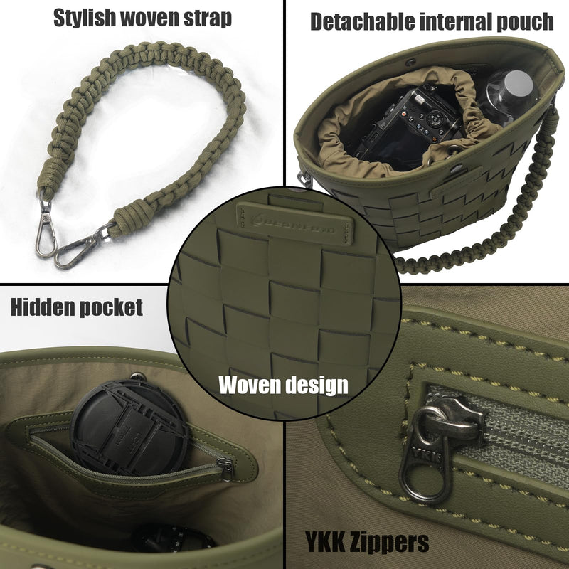 Camera Bag for Women, Leather Photography Shoulder Messenger Bag for DSLR SLR Mirrorless Camera, Women's handbag with Camera Sleeve Case Army Green