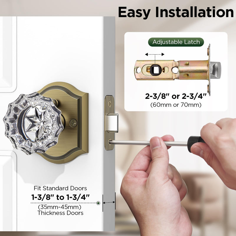 1 Pack Glass Door Knob, Rosette Shaped Crystal Door Knobs with Lock, Antique Brass Door Knobs Interior Glass 1