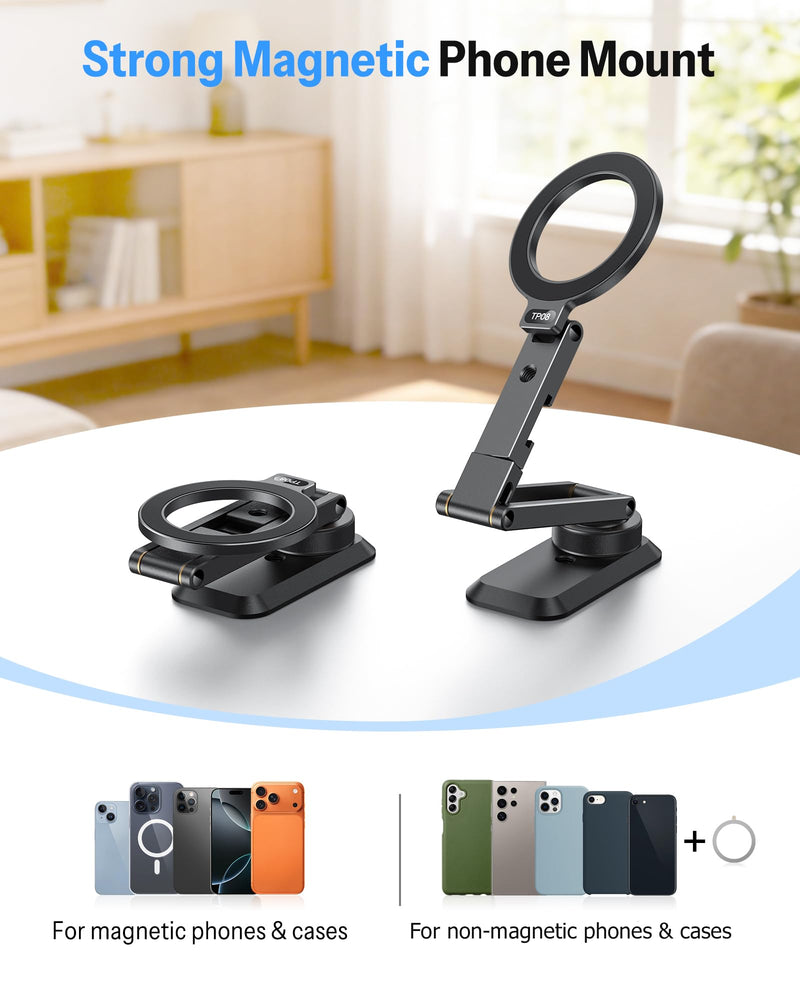 OMOTON Magnetic Phone Mount for Tripod Camera with Arca Base Cold Shoe 1/4" | Aluminum 360° Adjustable, Detachable Base with Magnet for Steel Surface for Gym Golf Cart Video Recording, for iPhone Android