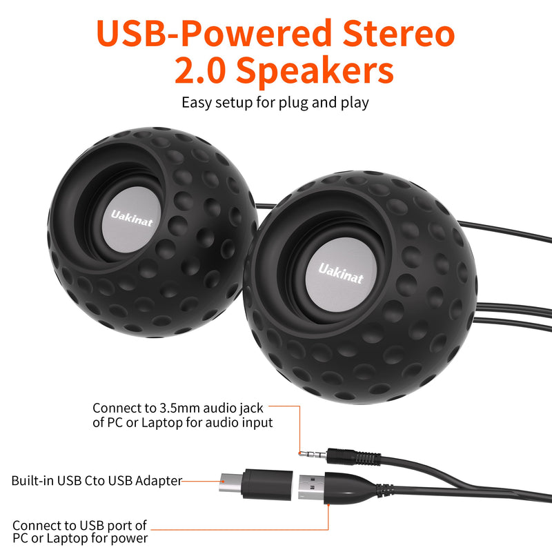 Uakinat 2.0 Computer Speaker, Black, USB Powered, 3.5mm Audio Input, Volume Control, Golf Style, Pair Pack, PC or Laptop
