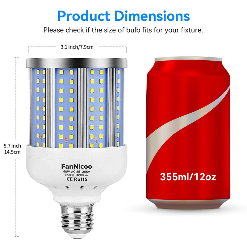 2 Pack 280W Equivalent LED Corn Light Bulb, 4000 Lumen 6500K Cool White Daylight 40W LED Corn Lamp,E26/E27 Medium Base,for Indoor Outdoor Warehouse Garage Basement Backyard Factory Barn and Many Area 40.0 Watts