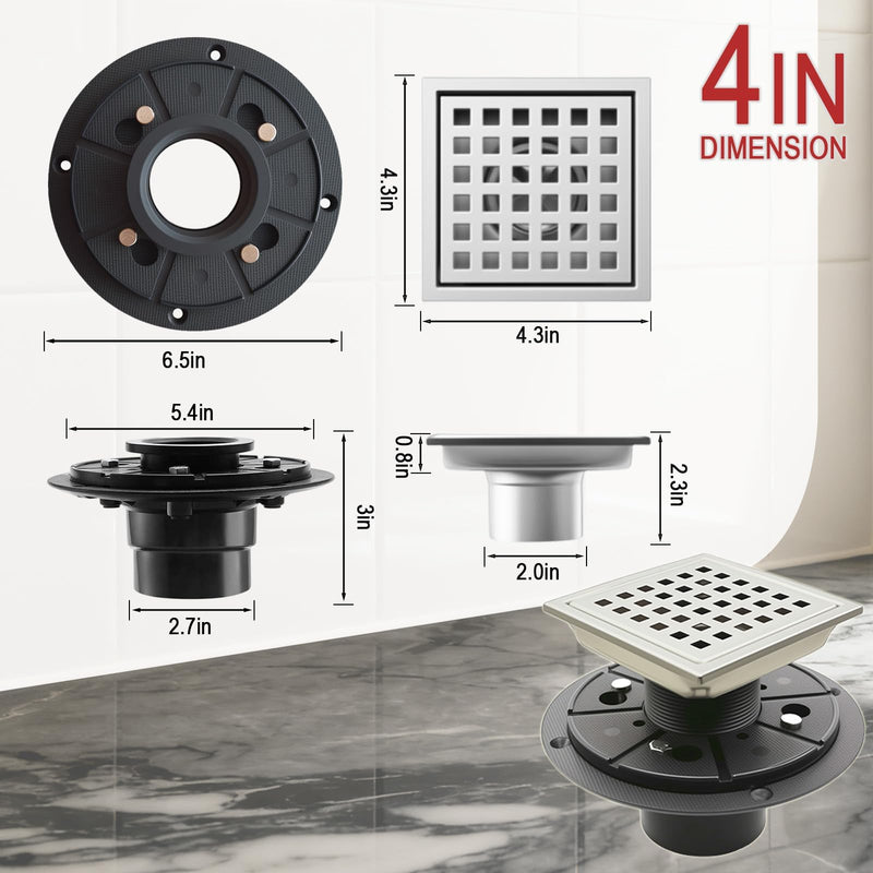 4" Square Shower Floor Drain with Flange,Quadrato Pattern Grate Removable,Food-Grade SUS 304 Stainless Steel,Watermark&CUPC Certified,Brushed (Brushed Nickel, 4 Inch) Brushed Nickel