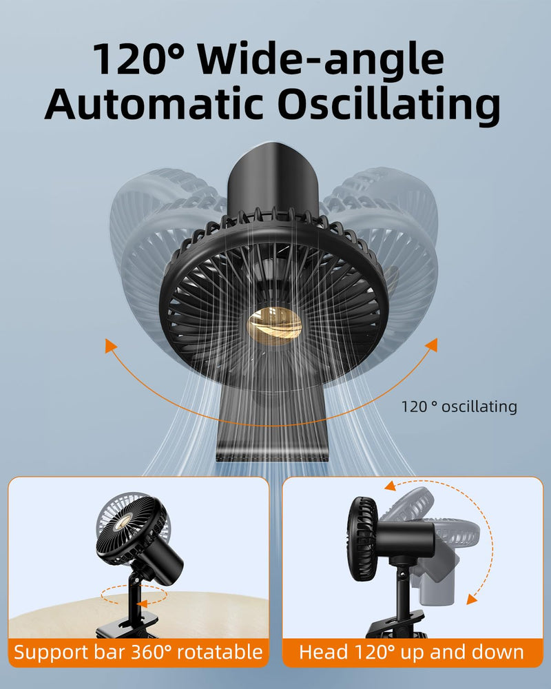Usb Car Fan Oscillating Rechargeable Fan with Colorful Light Battery Powered, 360° Rotatable Portable Clip Fans That Blow Cold Air, Small Cooler Mini Fan Silent, for Vehicle Van Truck Suv Rv Black