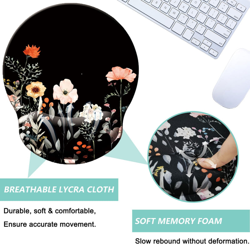 Mouse Pad with Wrist Support, Ergonomic Mouse Pad with Memory Foam Wrist Rest Cushion, Non-slip Rubber Base Gaming Mice Pad for Home Office Computer Laptop, Flower Black U-flower black