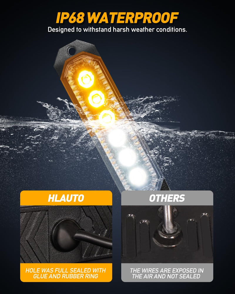 HLauto 406T Emergency Strobe Grille Lights: 4Pcs 6 LED Sync Feature Safety Warning Flashing Light, 12V-24V Ultra Slim Surface Mount Hazard Caution Light for Truck, Vehicle, Car, ATV, UTV (Amber White) Amber/White