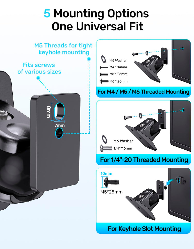 Universal Wall Mount Bracket for Satellite Surround Sound Speakers, 2-Pack | Max 11 lb Load, 360° Rotatable Ball Joint, Fits keyhole, M4/M5/M6 & 1/4"-20 Mounting for Roku Polk Samsung Q990F Q990D & More