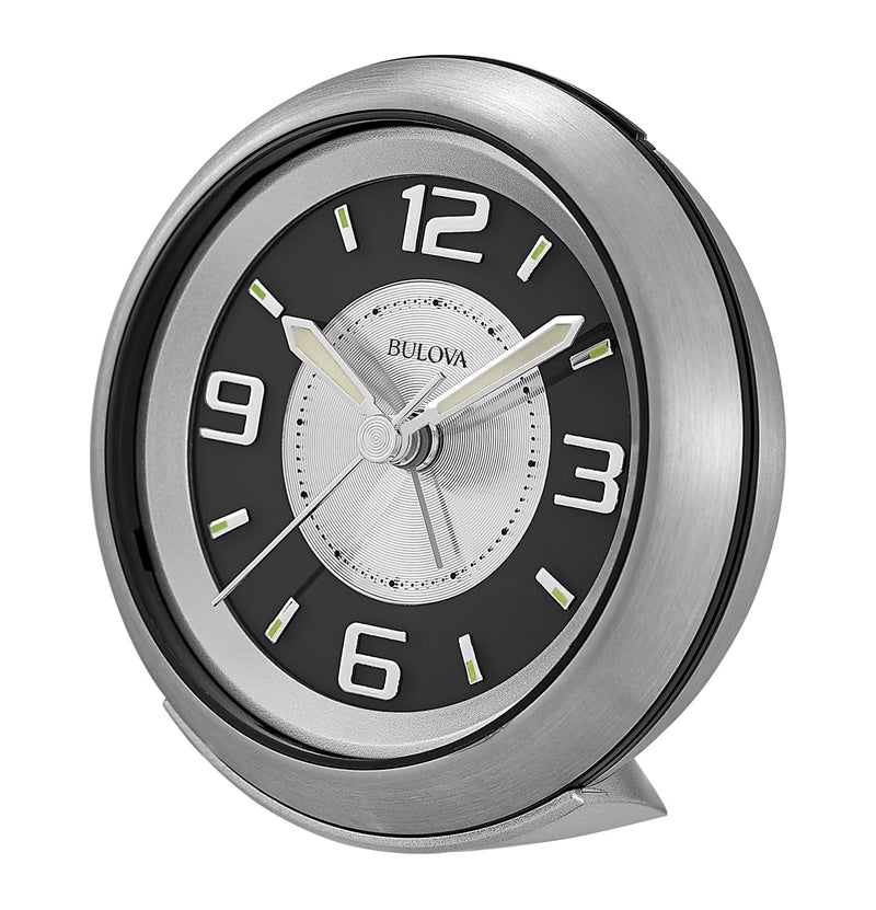 Bulova - 3.75" W x 3.75" H B5027 Lite Night Alarm Clock | Brushed Silver-Tone Case | Illuminated Dial | Luminous Hands | Quiet Sweep | Snooze Function