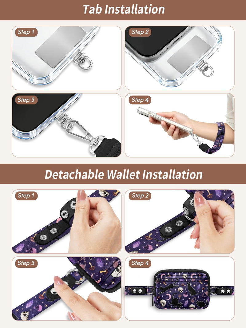 Clip and Go Strap for Phone with Wallet Crossbody Lanyard Goth Cat | Adjustable, Detachable RFID Wristlet Wallet, Cell Phone Wrist Strap, Travel Cruise, Key Zipper Card Purse, Women Teacher Gift Cats Skull Medium