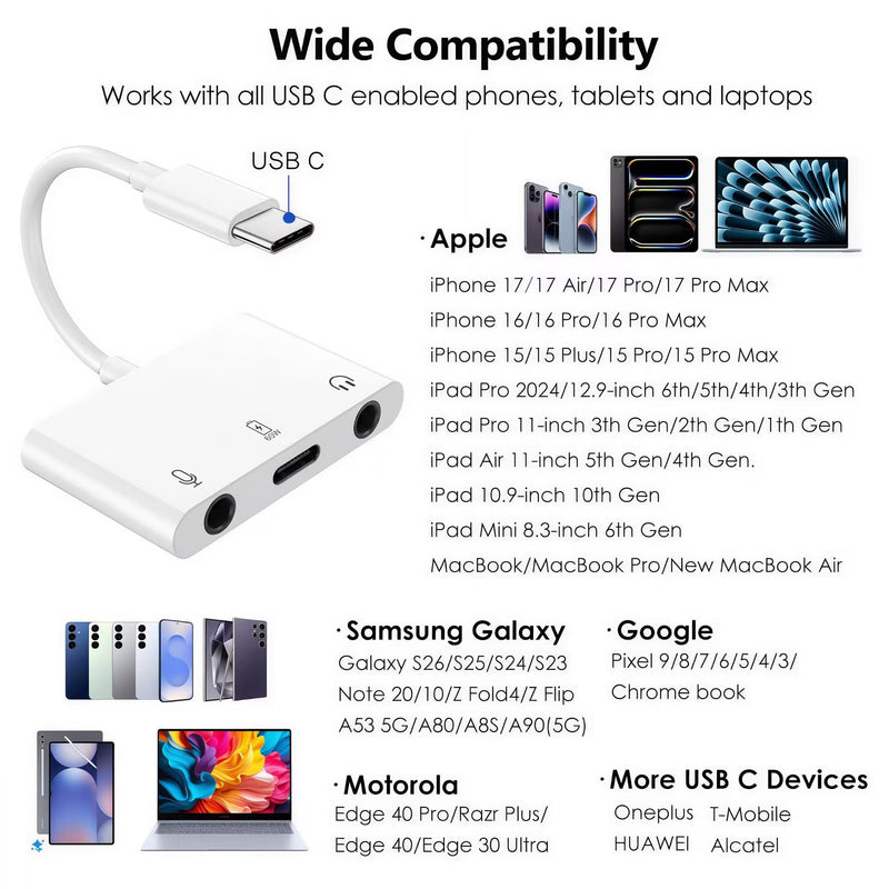 USB C to Microphone & 3.5mm Headphone Adapter with PD Fast Charging for Live-Streaming, 3-in-1 Aux to USB C Audio & MIC Splitter Compatible with iPhone 17/16/15, iPad Pro, Galaxy S26, and More