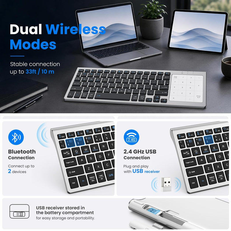 SOPPY Multi-Device Wireless Keyboard with Numeric Touchpad, Mini Bluetooth Keyboard, Stainless Steel Slim Wireless Keyboard with USB Receiver for MacBook/iPad/Tablet/PC/Laptop, QWERTY US Layout