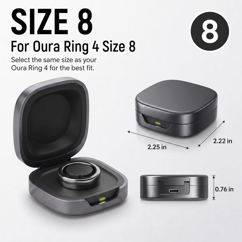 Travel Charging Case for Oura Ring 4 -Size 8, Alloy Portable Charging Case | 600mAh Built-In Power Up to 6 Ring Recharges Pocket-Ready Travel Design Multi-Protection Charging System