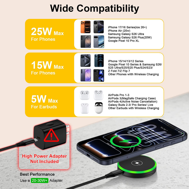 25W Magnetic Wireless Charger Pad for Samsung Galaxy S26 Ultra S26+ S26 S25 Ultra S24 FE S23,MagSafe Charger Station Magnet Wireless Super Fast Charging for iPhone 17 Pro Max 16,Google Pixel 10 Pro XL Black