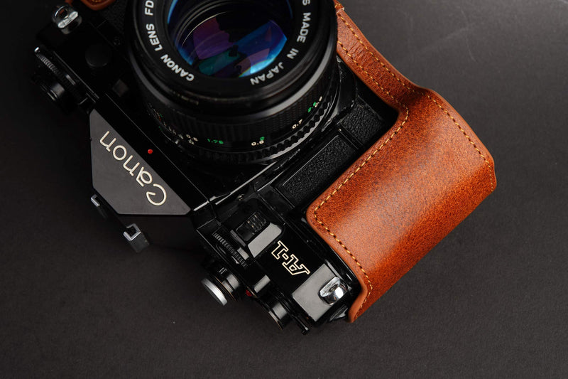 A-1 Case, BolinUS Handmade Genuine Real Leather Half Camera Case Bag Cover for Canon New AE-1 AE-1P A-1 (with Handle) Camera with Hand Strap (LavaBrown) LavaBrown
