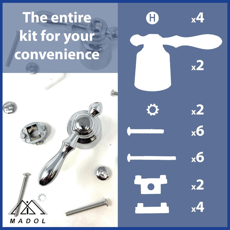 [MADOL] 2 Piece Faucet Handle Kit, Durable Replacement Handles with Universal Fit and Chrome Finish, Adapts to Many Handle Stems for Showers and Baths, Cold and hot Water, ADA Compliant.