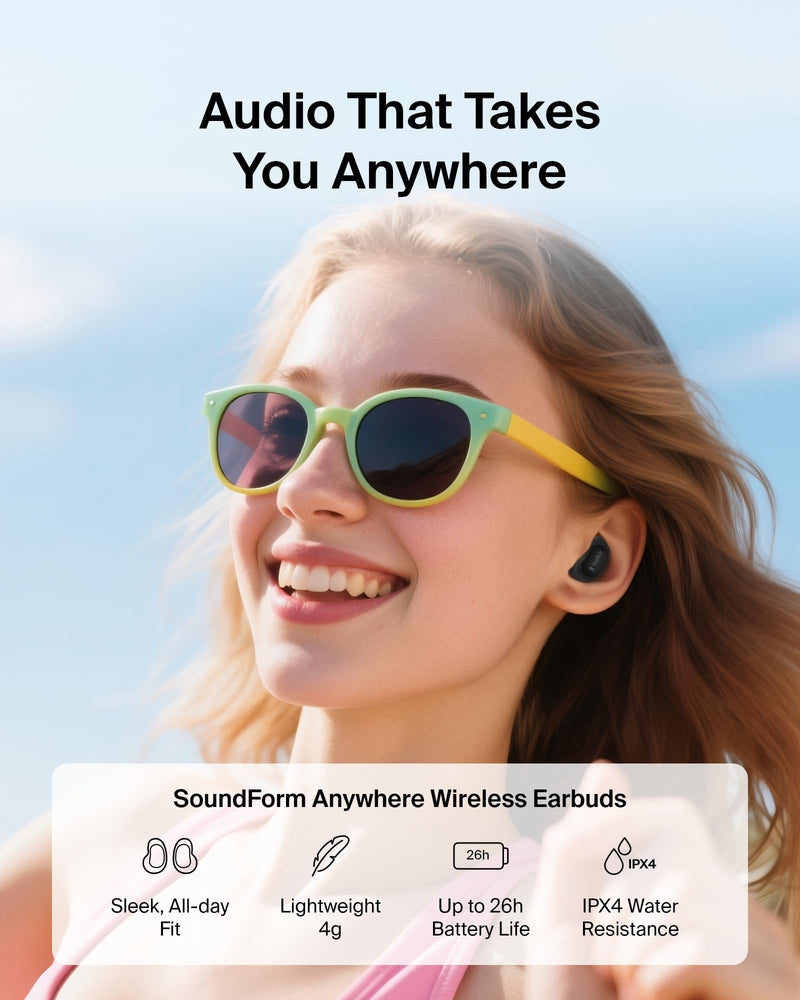 Belkin SoundForm Anywhere Ultra-Compact True Wireless Earbuds | Semi in-ear earbuds, IPX4 water resistant, key ring carry case, ENC mic, multipoint, commute, travel, gym