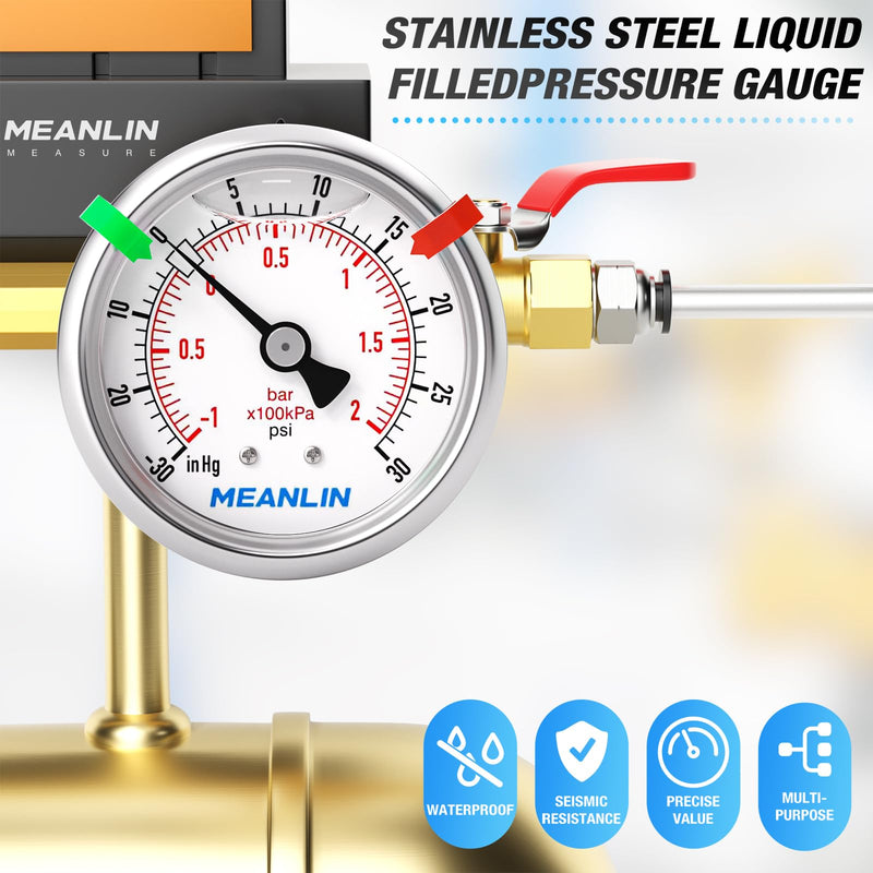 MEANLIN MEASURE -30inHG~30Psi Vacuum Pressure Gauge 1/8" NPT 2.5" FACE DIAL, Stainless Steel Liquid Filled Pressure Gauge WOG Water Oil Air Center Back Mount (with 2PCS Snaps) -15-30Psi Back Mount (1/8NPT)