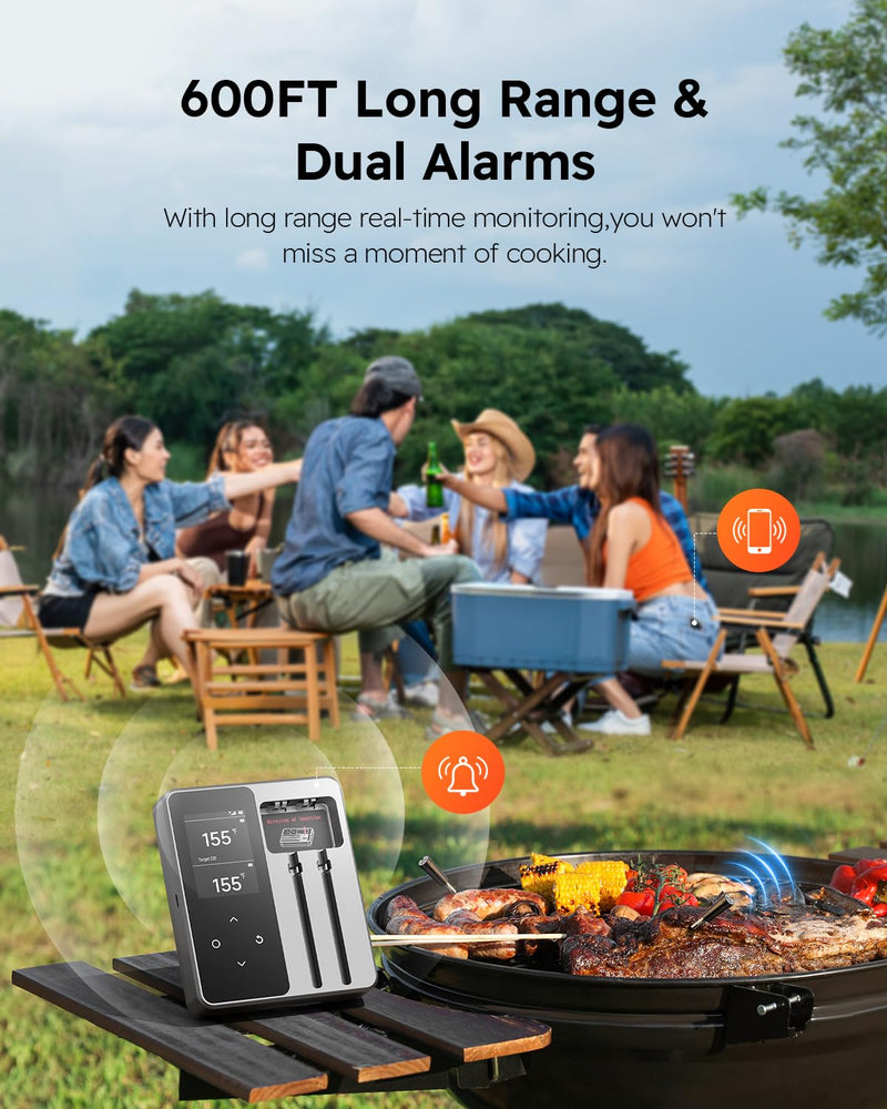Wireless Meat Thermometer with App Control, 600FT Bluetooth Range, Dual Probes & 6 Sensors, 0.5S Instant Read, LCD Display, IP67 Waterproof Real-Time Monitoring & Smart Alerts for BBQ, Grill, Oven Black