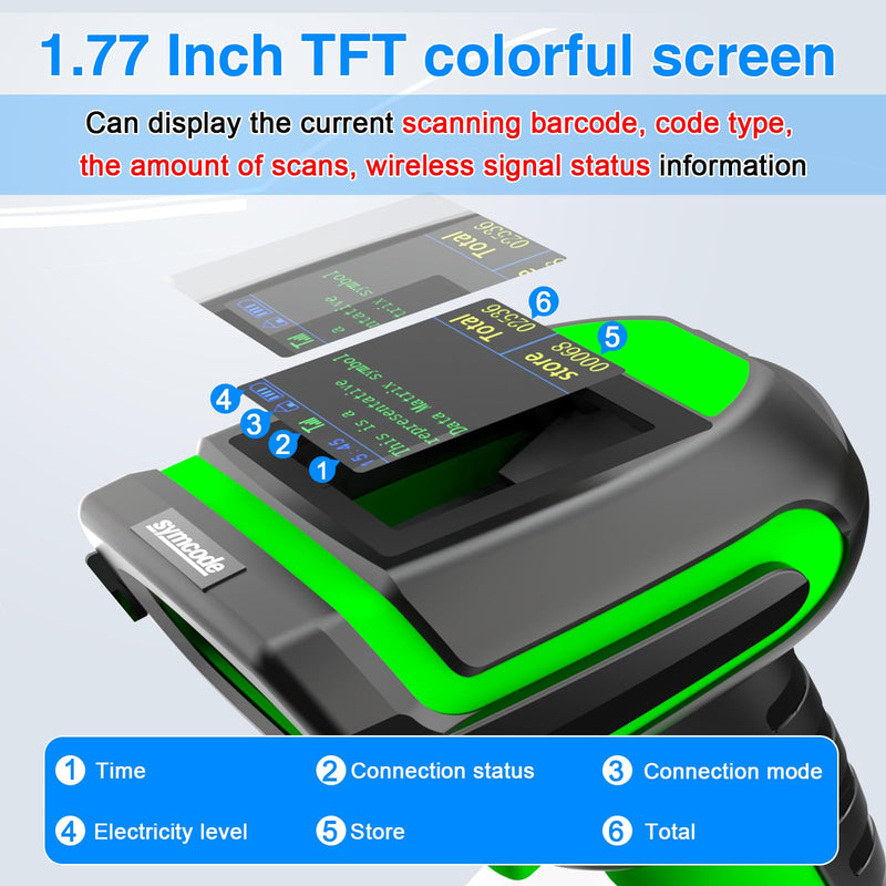 Symcode Upgraded 2D Barcode Scanner with Display Screen 1968 Feet Transmission Distance with Wireless Charging Cradle Bluetooth 433Mhz Wireless USB Wired Handheld Shock Dust Proof Bar Code Scanner