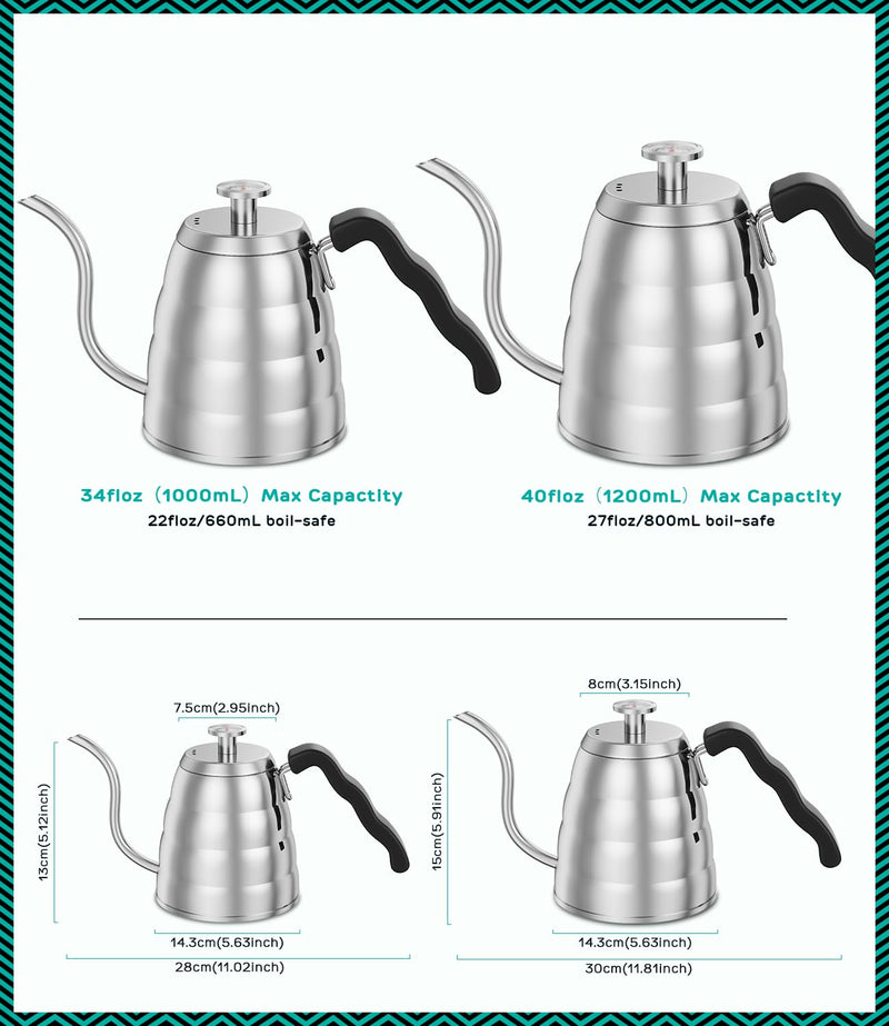 Coffee Gator Gooseneck Kettle with Thermometer - 40oz Premium Stainless Steel Pour Over Coffee Maker Kettles, Stove Top, w/Precision Drip Spout, for Drip Coffee, French Press, Tea Kettle, 5 Cup, 1.2L 40 fl oz