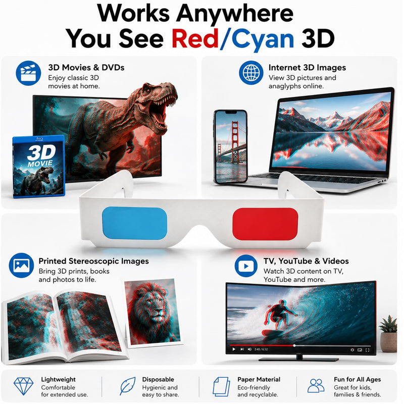 3D Cardboard Glasses, Red Blue and Cyan, 50 Pairs | Universal Stereoscopic, For Movies At Home, Movie-Specific Colors