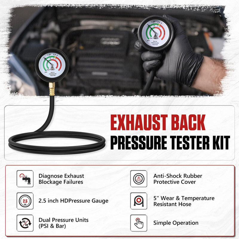 Exhaust Back Pressure Tester Kit，Professional Automotive Exhaust Back Pressure Gauge Set with 5-Foot Hose