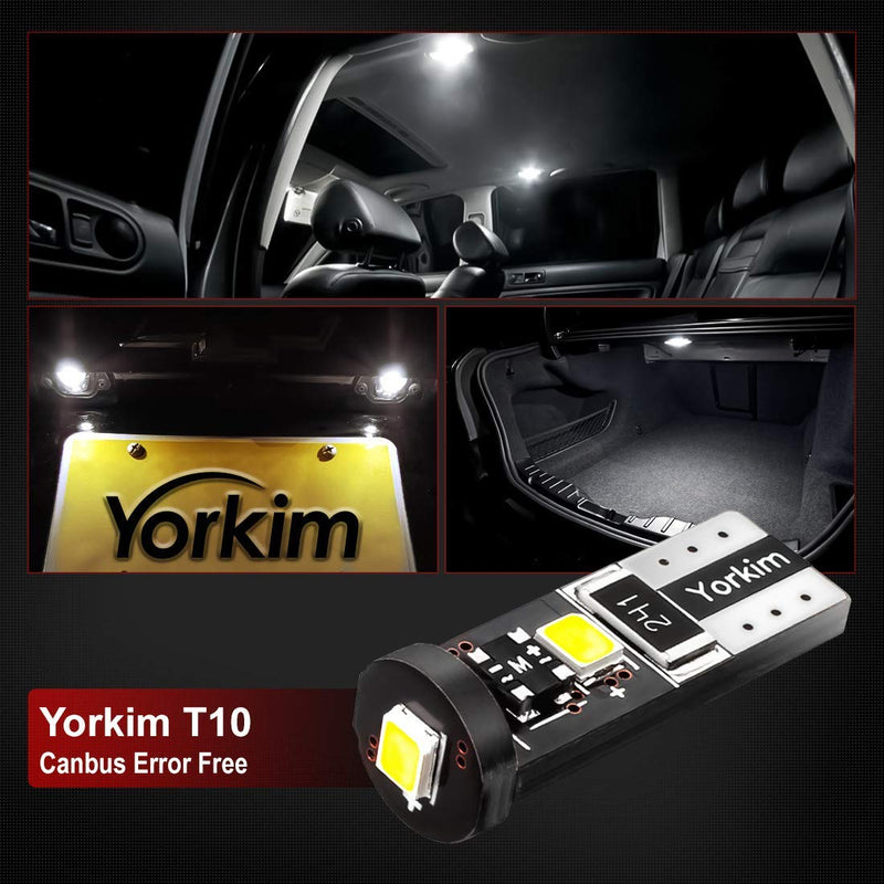 Yorkim 194 Led Bulb Canbus White Error Free 3-SMD 2835 Chipsets, T10 Interior Led For Car Dome Map Door Courtesy License Plate Trunk lights with 194 168 W5W 2825 Sockets Pack of 10