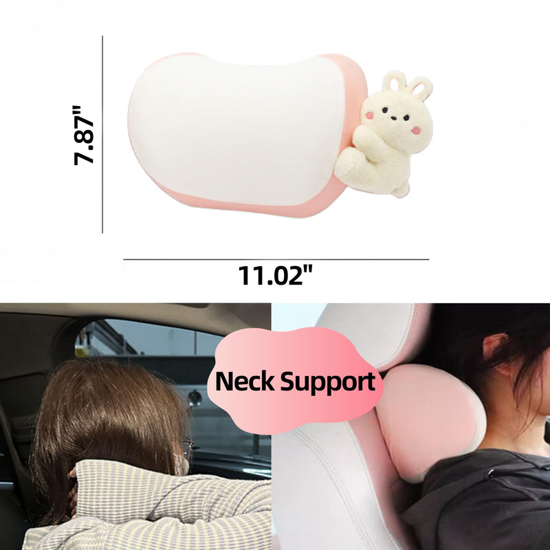 Cute Car Headrest Pillow 2PCS Bear Bunny Car Seat Neck Pillow Memory Foam Neck Support Cushions for Comfortable Driving Easy Install & Washable (Pink+Brown) Pink+brown